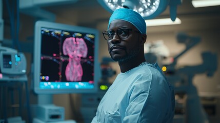 Poster - Hands of a surgeon operating a robotic console with extreme concentration Stock Photo with side copy space
