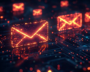 Poster - Mail communication and networking concept, digital yellow and red envelope symbols, dark circuit background, 3D rendering, modern tech design, glowing digital envelopes