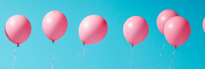 Poster - Pink balloons floating against a vibrant blue sky, creating a cheerful and romantic atmosphere perfect for valentine's day, women's day, or spring celebrations