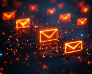 Poster - Mail communication and networking concept, digital yellow and red envelope symbols, dark circuit background, 3D rendering, modern tech design, glowing digital envelopes