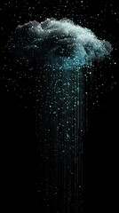 Poster - abstract cloud of data droplets with streaming text elements in dark space for modern design purpose