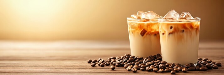Aufkleber - Two refreshing iced coffee drinks are sitting on a rustic wooden table, accompanied by a scattering of coffee beans, creating a perfect summer beverage scene