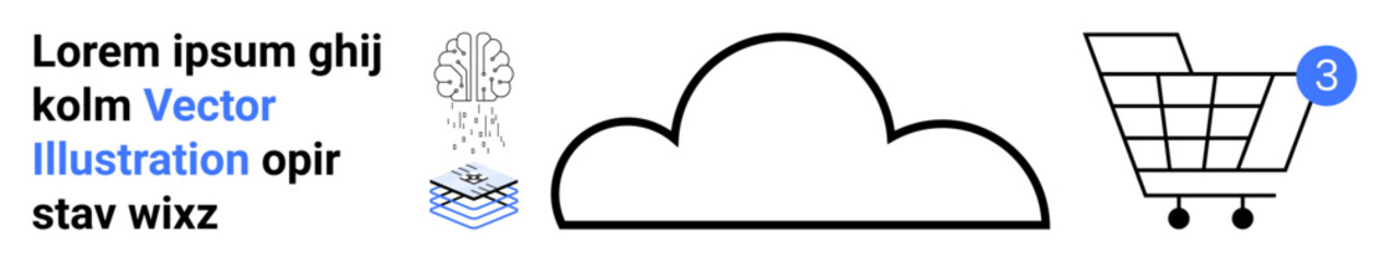 Poster - Brain graphic, cloud icon, shopping cart with notification. Ideal for e-commerce, cloud storage, artificial intelligence, online shopping, technology, minimalism, digital marketing. Landing page