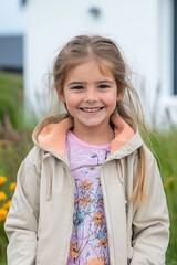 a young girl with long hair is wearing a pink shirt and a tan jacket. she is smiling and looking at 