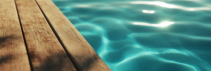 Aufkleber - Sunlight reflects off the gently rippling turquoise water of a swimming pool, seen from the edge of a wooden poolside deck, creating a luxurious and relaxing summer holiday atmosphere