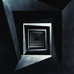 Poster - monochrome abstract geometric tunnel with striking shadows and light, creating a futuristic and myst