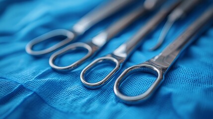 Poster - Preparation of sterilized surgical tools arranged in a sterile tray in an operating room Stock Photo with side copy space