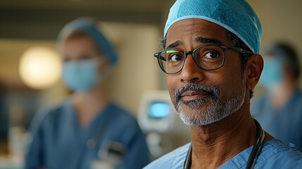 Poster - A surgeon carefully selecting a sterilized instrument for use during surgery Stock Photo with side copy space
