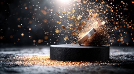 Poster - A striking image of a metallic object creating a sparkling explosion of dust and particles against a dark background.