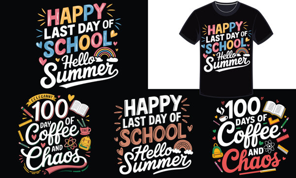 Last Day of School and 100 Days Celebration T-Shirt Design Bundle, Vibrant Summer and School Themes