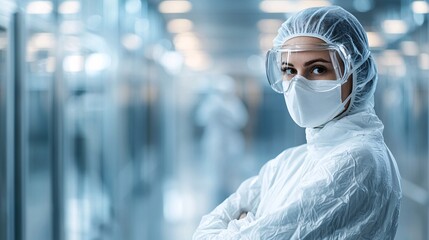 Poster - Medical professional in sterile attire preparing tools for a surgical operation Stock Photo with side copy space