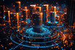 © AbdulHakim - Data cylinder on platform in futuristic city with glowing lights, digital network background