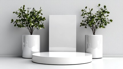 Poster - A minimalist display featuring a white podium and two potted plants, set against a simple gray background, ideal for presentations or showcases.