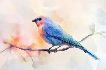 Wall Mural - A blue bird is perched on a branch. The bird is small and has a red beak. The branch is thin and he is made of wood. The image has a peaceful and serene mood