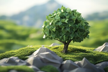 Poster - A tree is growing on a rocky hillside. The tree is surrounded by grass and rocks, and it is a small, delicate tree. Concept of tranquility and natural beauty