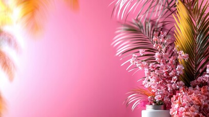 Poster - A vibrant arrangement of pink flowers and tropical leaves against a soft pink background, creating a cheerful and lively atmosphere.