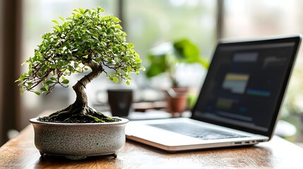 Poster - Peaceful and Minimalist Bonsai Tree Placed Near Laptop on Wooden Office Workstation Promoting Productivity and Zen Atmosphere