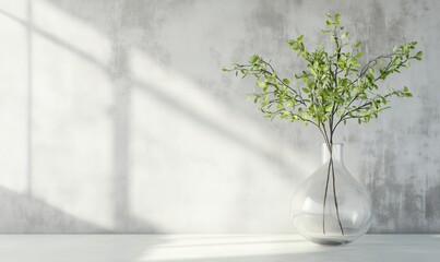 Wall Mural - Minimalist interior design featuring elegant glass vase with green foliage against textured wall, showcasing natural light and simplicity