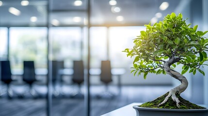 Poster - Bonsai tree placed in a glass walled conference room bringing a sense of nature and zen like calm to the professional workspace  The small meticulously pruned plant promotes mindfulness focus
