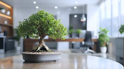 Poster - Bonsai tree adding a touch of nature and tranquility to a modern high tech office environment creating a calming and inspiring workspace