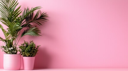 Poster - Charming Interior Scene Featuring a Vibrant Pink Wall Framed by Two Lush Green Potted Plants Creating a Cozy Atmosphere