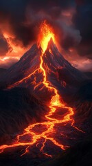 Poster - Glowing rivers of lava flowing down the steep slopes of an erupting volcano at night, casting a fiery light on the dramatic, cloud filled sky above, create a breathtaking spectacle