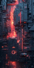 Poster - close up of a cityscape with a red glowing line running through it. the image has a futuristic
