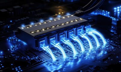 Poster - Futuristic glowing network switch with illuminated cables on a circuit board, showcasing advanced technology and connectivity