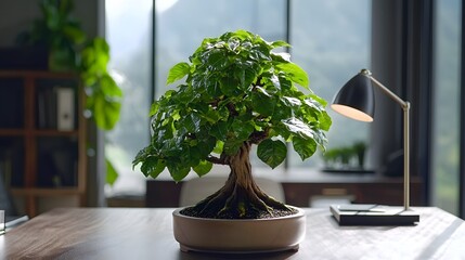 Poster - Bonsai tree placed next to a desk lamp on an executive office table creating a serene and tranquil workspace environment