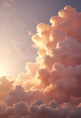 Soft peach clouds against a warm sunny sky with gentle rays peeking through, serene landscape, soft clouds, outdoor scenery