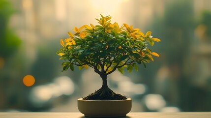 Poster - Vibrant and lush bonsai tree placed in a minimalist office layout with neutral tones creating a serene and calming atmosphere