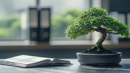 Poster - Close up of a beautifully trimmed bonsai tree placed next to an open notebook on a wooden desk in a well lit minimalist office setting creating a serene and inspiring workspace