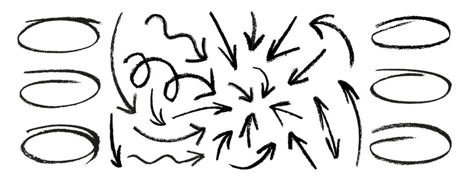 Set of black charcoal ovals and arrows strokes different forms. Design elements on white background.Rough charcoal arrows and circles. Brush elements for notes and underlining in text