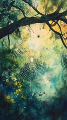Poster - A captivating watercolor painting of a delicate spider web glistening in sunlight among vibrant forest greenery, evoking tranquility and natural beauty.
