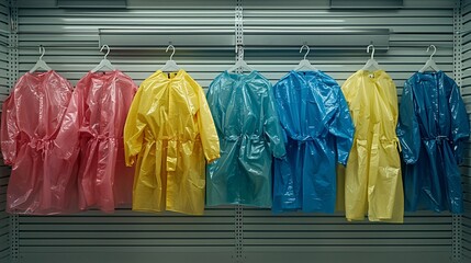 Poster - Surgical gowns in various sizes displayed in a hospitals storage room Stock Photo with side copy space