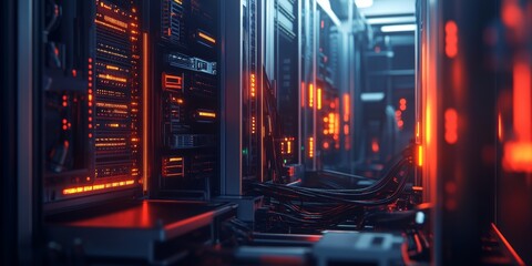 Poster - A warm light illuminates a high-tech server room filled with complex data storage systems and network cables. A glimpse into modern technology.