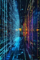 Poster - Stunning abstract representation of a digital corridor filled with colorful glowing lines and lights, symbolizing technological advancement and virtual spaces.