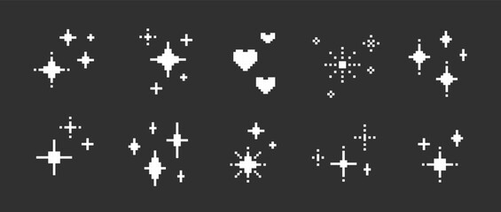 set of pixel sparkling white stars and hearts on black background. shiny stars, 8bit shapes for y2k 