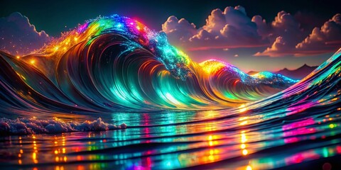 Wall Mural - Prismatic Holographic Waves: Night Photography, Technicolor Dreamscape