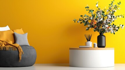 Poster - A cozy living space featuring a yellow wall, a comfortable chair, and a stylish round table adorned with decorative plants and flowers.