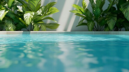 Poster - The inviting turquoise water of a resort pool glistens under the sunlight, with lush palm trees providing a backdrop of tropical tranquility, creating a perfect summer getaway scene