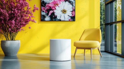Poster - A modern interior featuring a yellow wall, a stylish chair, a white table, and vibrant flowers, creating a bright and inviting atmosphere.