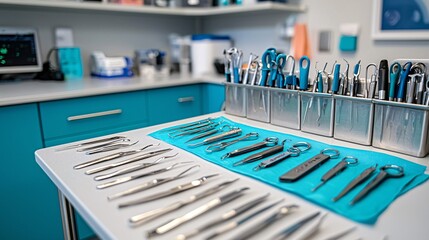 Poster - minimally invasive surgical tools organized neatly on a sterile table in an operating room stock pho