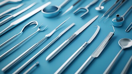 Poster - Minimally invasive surgical tools organized neatly on a sterile table in an operating room Stock Photo with side copy space
