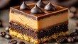 © Katarina - A tempting layered dessert featuring chocolate, caramel, and a crumbly base, topped with decorative chocolate morsels showcasing a blend of rich flavors and textures.