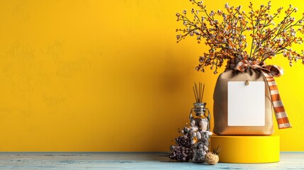 Poster - Elegant Vase Displaying a Colorful Bunch of Flowers Next to a Blank Paper on a Soft Tablecloth in a Bright Room