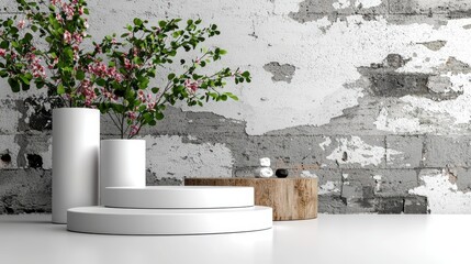 Poster - A minimalistic display featuring white vases, a wooden element, and greenery against a textured gray wall.