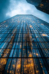 Poster - Captivating view of a tall glass skyscraper reaching into dark clouds, showcasing a stunning play of light and reflections that creates an artistic urban atmosphere.