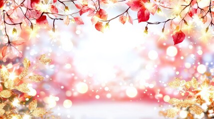 Naklejka na meble Red and gold leaves, sparkling lights, winter bokeh