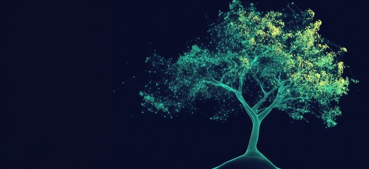 Poster - Digital tree with glowing leaves and network connections representing technology and nature integration, copy space for text
